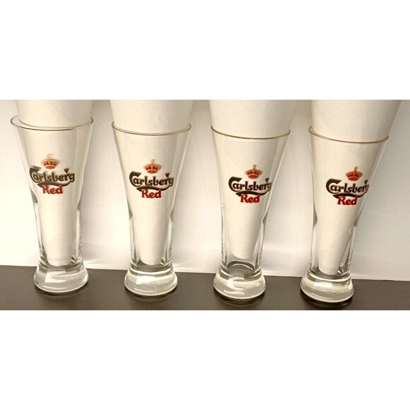 Carlsberg Red  Danish Beer Glasses Gold Rimmed Pilsner 8" set of 4 - Picture 5 of 5